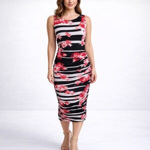 Thalia Sodi Bodycon Dress XS Black White Stripe Floral Ruched Midi Cocktail